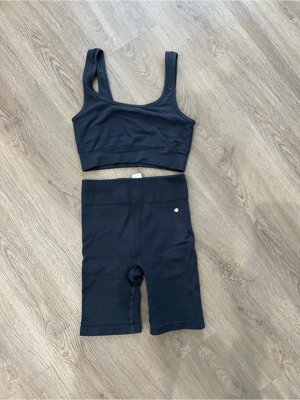 Fabletics Dark Charcoal Ribbed' Bike Shorts and Cropped Sports Bra Set